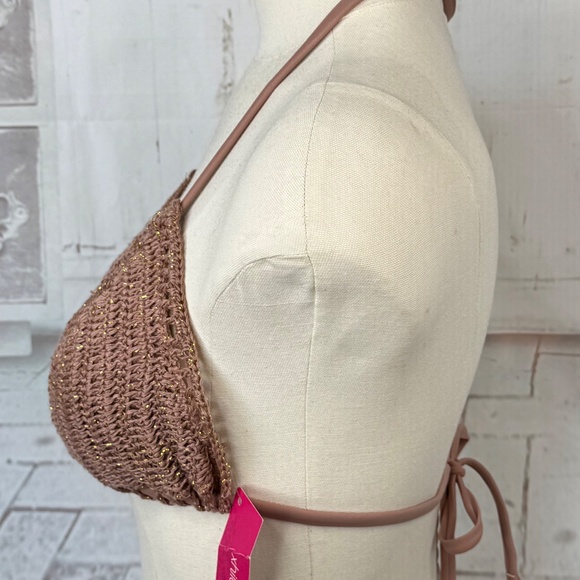 Xhilaration Juniors Beige Brown Bikini Crochet Swim Triangle Top Large 8 10 NEW - Picture 7 of 11